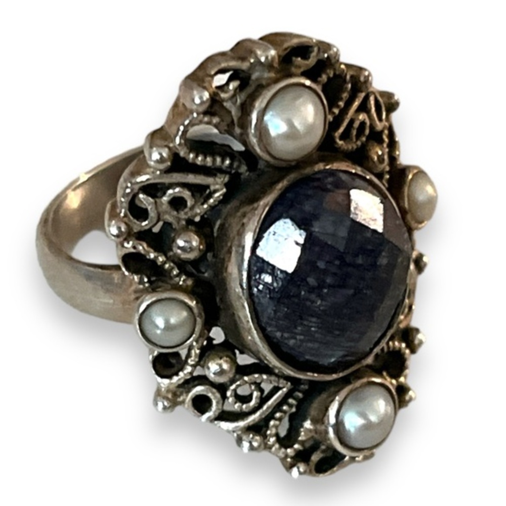 SLG 925 Indian Cluster Ring Size 8 Faceted Grey-Blue Stone and Pearl